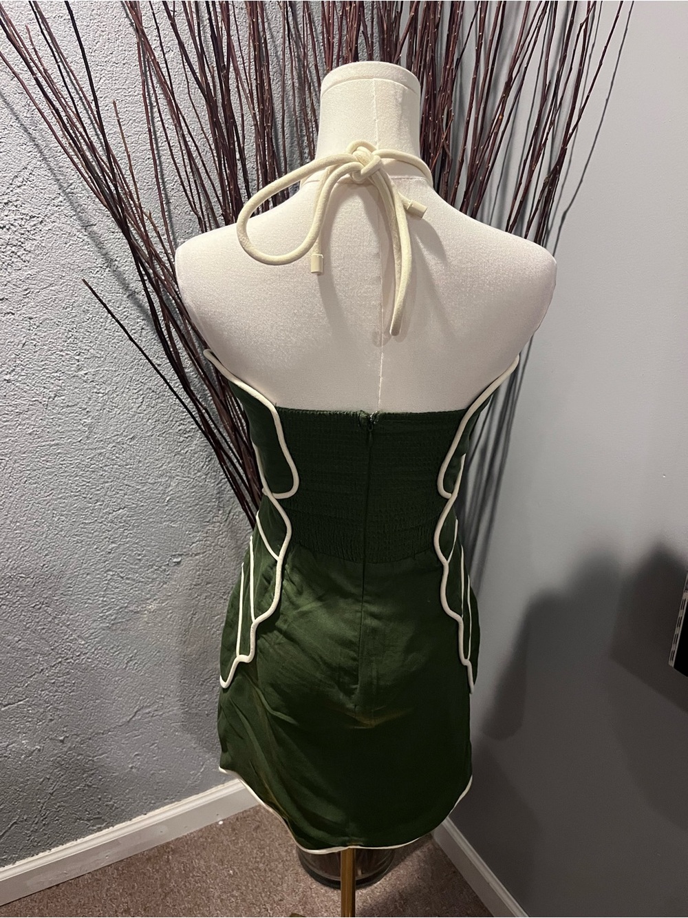 🌺FARM RIO GREEN WAVY HALTER NECK MINI DRESS LINEN BLEND SIZE XXS🌺 - Picture 5 of 9